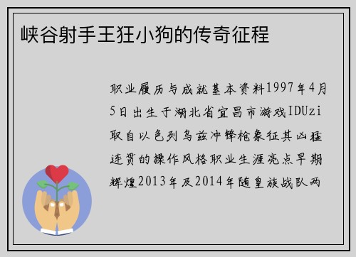 峡谷射手王狂小狗的传奇征程